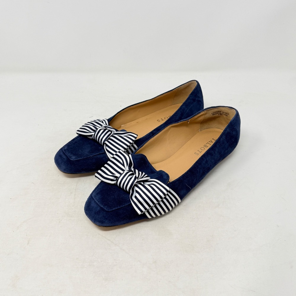 Talbots Flats Navy Blue Suede 7.5M Striped Bow Square Toe Loafers Preppy Classic - Picture 10 of 10